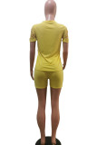 Yellow Fashion Sexy adult Patchwork Solid Hole Burn-out Two Piece Suits HOLLOWED OUT pencil Short Sleeve Two Pieces