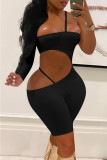 Black Sexy Solid Hollowed Out Patchwork Strapless Skinny Rompers