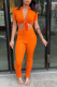 Tangerine Red Sexy Solid Patchwork Turndown Collar Short Sleeve Two Pieces