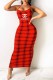 Red Fashion Sexy Plaid Letter Spaghetti Strap One Step Skirt Dresses