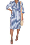 purple Fashion Casual adult Red Black Blue Green Yellow purple Cap Sleeve Half Sleeves Notched Step Skirt Knee-Length Striped Print Patchwork fastener Dresses