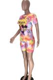 Red Fashion Active Patchwork Print Tie Dye Two Piece Suits Straight Short Sleeve Two Pieces