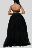 Black Sexy Solid Patchwork Asymmetrical Spaghetti Strap Sleeveless Two Pieces