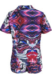 Blue Red Casual Print Patchwork Buckle Turndown Collar Short Sleeve Two Pieces