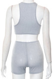 Silver Sexy Sportswear Solid Patchwork O Neck Sleeveless Two Pieces