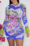 Blue Fashion Sexy Print Tassel Patchwork O Neck Long Sleeve Dresses