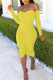 Yellow Sexy Solid Patchwork Fold Asymmetrical Off the Shoulder Pencil Skirt Dresses