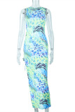 Blue Fashion Sexy Print Bandage Hollowed Out Slit O Neck Sleeveless Dress