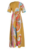 Yellow Fashion Casual Print Patchwork V Neck Short Sleeve Dress