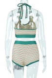 Stripe Fashion Sexy Striped Print Bandage Backless Halter Sleeveless Two Pieces