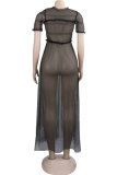 Black Fashion Sexy Cap Sleeve Short Sleeves O neck A-Line Knee-Length Mesh Patchwork perspective