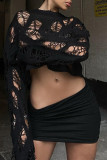 Black Fashion Sexy Solid Hollowed Out See-through Tops