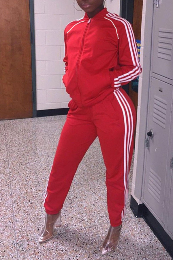 Red Casual Solid O Neck Long Sleeve Two Pieces