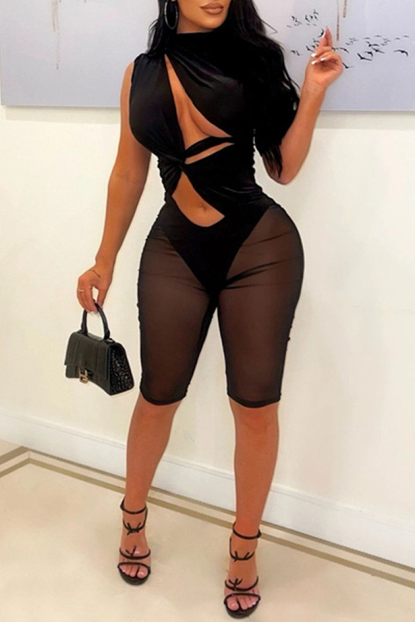 Black Fashion Sexy Patchwork Solid Hollowed Out Asymmetrical Turtleneck Skinny Romper