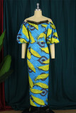 Sky Blue Fashion Sexy Print Patchwork Backless Off the Shoulder One Step Skirt Dresses