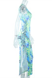 Blue Fashion Sexy Print Bandage Hollowed Out Slit O Neck Sleeveless Dress