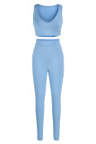 Light Blue Sexy Casual Sportswear Solid Vests Pants V Neck Sleeveless Two Pieces