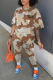 Khaki Casual Camouflage Print Patchwork O Neck Short Sleeve Two Pieces