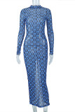 Blue Fashion Sexy Print See-through Slit Half A Turtleneck Long Sleeve Dresses