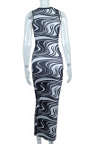 Black Fashion Sexy Print Hollowed Out O Neck Sleeveless Dress Dresses