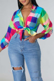 Red Fashion Casual Print Hollowed Out Backless Turndown Collar Tops