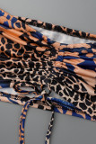 Leopard Print Fashion Sexy Print Draw String Frenulum Backless Slit Strapless Sleeveless Two Pieces
