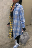 Blue Yellow Casual Plaid Print Patchwork Buckle Turndown Collar Tops