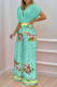 Green Fashion Print Patchwork V Neck Short Sleeve Two Pieces