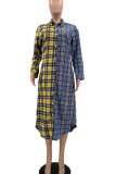 Blue Yellow Casual Plaid Print Patchwork Buckle Turndown Collar Tops