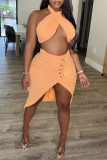 Orange Fashion Sexy Solid Bandage Backless Halter Sleeveless Two Pieces