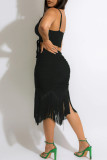 Green Fashion Sexy Solid Tassel Backless Fold Spaghetti Strap Sleeveless Two Pieces