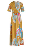 Yellow Fashion Casual Print Patchwork V Neck Short Sleeve Dress