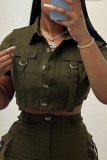 Army Green Fashion Casual Solid Patchwork Turndown Collar Short Sleeve Two Pieces