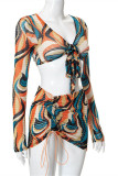 Red Fashion Sexy Print Bandage V Neck Long Sleeve Two Pieces