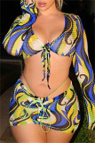 Red Fashion Sexy Print Bandage V Neck Long Sleeve Two Pieces