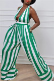 Red Sexy Casual Striped Print Bandage Backless Halter Regular Jumpsuits