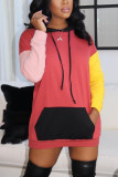 Red Living Solid Patchwork Hooded Collar Wrapped Skirt Dresses