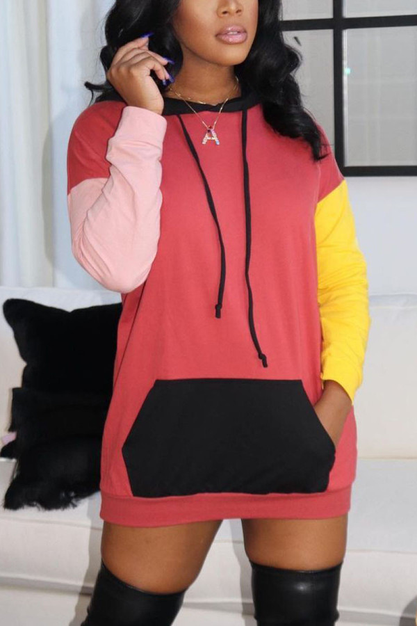 Red Living Solid Patchwork Hooded Collar Wrapped Skirt Dresses