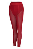 Red Sexy Solid Patchwork See-through Regular High Waist Pencil Solid Color Bottoms