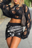 Black Fashion Sexy Solid Hollowed Out See-through Tops
