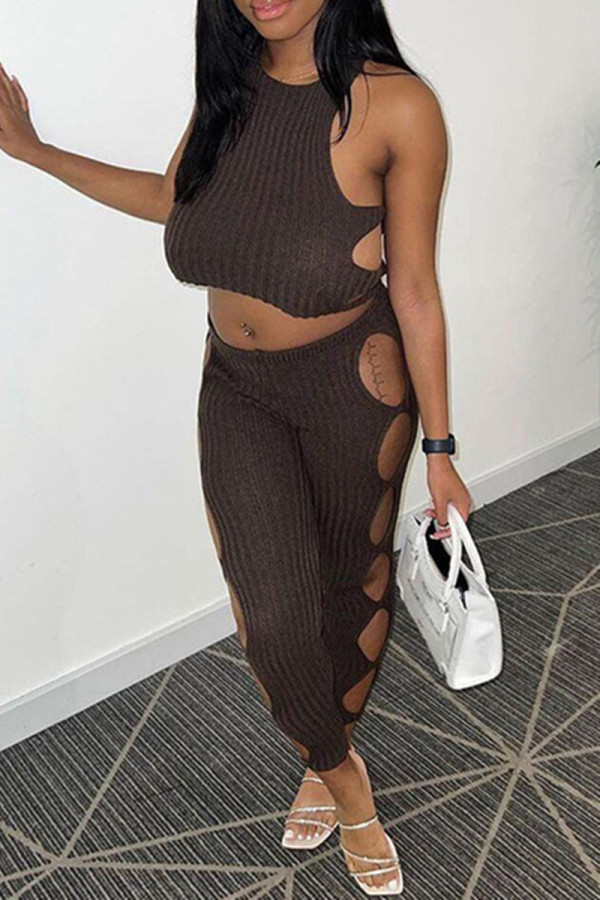 Coffee Sexy Casual Solid Hollowed Out Patchwork O Neck Sleeveless Two Pieces