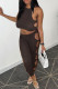 Coffee Sexy Casual Solid Hollowed Out Patchwork O Neck Sleeveless Two Pieces