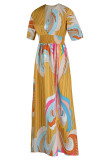 Yellow Fashion Casual Print Patchwork V Neck Short Sleeve Dress