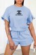 Blue Fashion Casual Print Letter O Neck Short Sleeve Two Pieces
