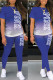 Blue Casual Print Patchwork O Neck Short Sleeve Two Pieces