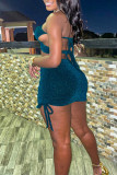 Blue Fashion Sexy Solid Bandage Hollowed Out Backless Strapless Sleeveless Two Pieces