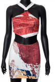 Multicolor Fashion Sexy Print Backless Asymmetrical Spaghetti Strap Sleeveless Two Pieces