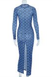 Blue Fashion Sexy Print See-through Slit Half A Turtleneck Long Sleeve Dresses