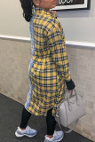 Blue Yellow Casual Plaid Print Patchwork Buckle Turndown Collar Tops