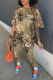 Camouflag Gray Casual Camouflage Print Patchwork O Neck Short Sleeve Two Pieces